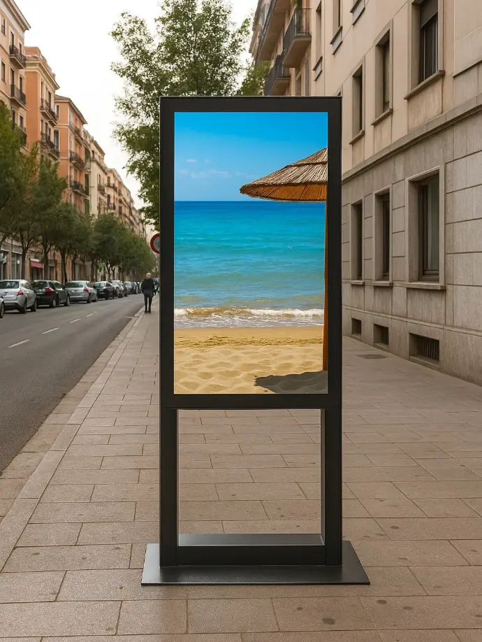 Un mupi digital de publicidad en la acera de una calle