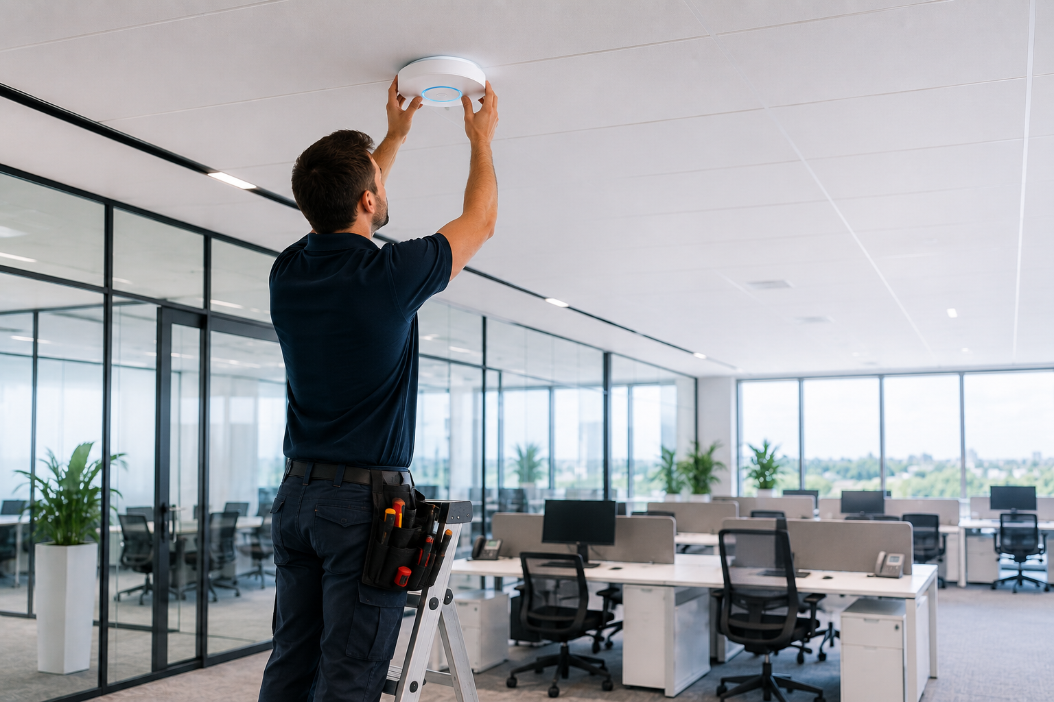 Instalación de redes Wifi Técnico instalando un punto de acceso de techo