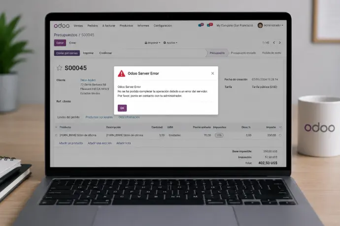 Un portátil con un mensaje de error de odoo
