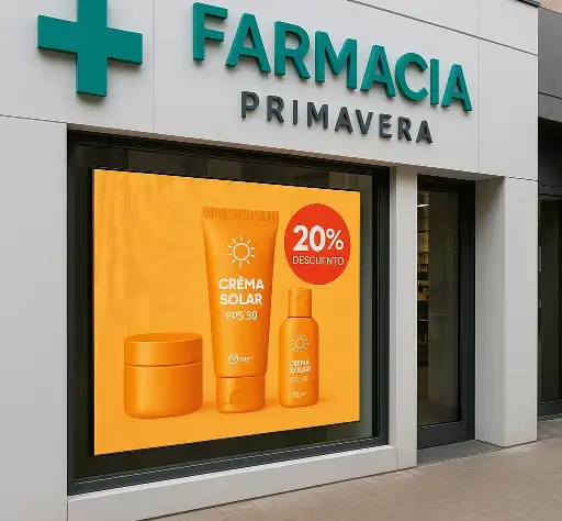 Pantallas y cartelería digital Pantalla de publicidad en el escaparate de una farmacia
