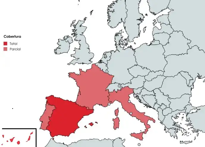 Mapa de Europa con España como cobertura total y Francia, Italia, Andorra y Portugal como cobertura parcial